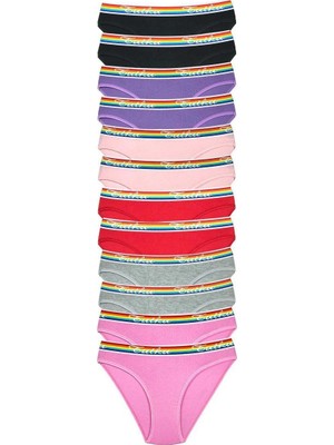 12 Adet Beli Renkli Lastik Pamuklu Kadın Slip Tutku Külot