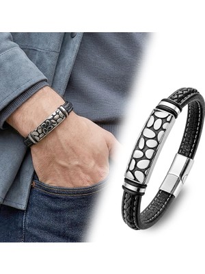 Mestore River Stone Motifli Çelik Kilitli Siyah Deri Erkek Bileklik 31681B8D4