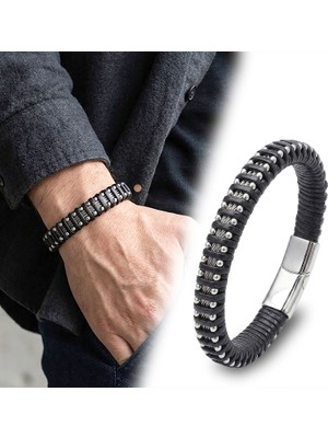 Mestore Çelik Halat ve Çelik Damla Zincir Siyah Deri Dolama Bileklik 31684B1D8