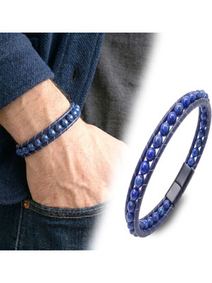 Mestore 6mm Lapis Taşlı Deri Kordon ve Çelik Erkek Bileklik 31682B2D6M14