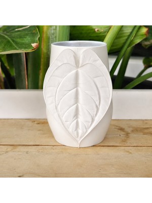 Brf Store Canarino Yaprak Desenli Kap – 3D Baskı Kalp Yaprağı Süslemeli Dekoratif Kap-Beyaz