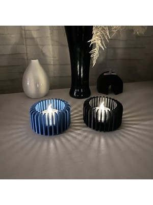 Brf Store Canarino Modern Çizgili Mumluk – 3D Baskı Tealight Mumluk (1 Adet)-Mavi
