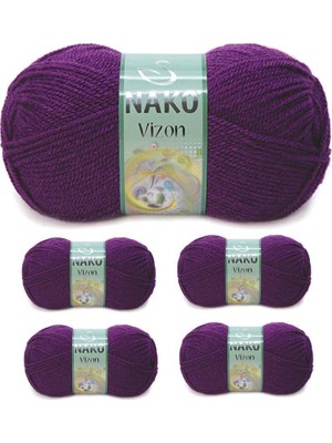 5 Adet Vizon Premium Akrilik El Örgü Ipi Yünü Renk No:60 Mürdüm Nako Mudanis