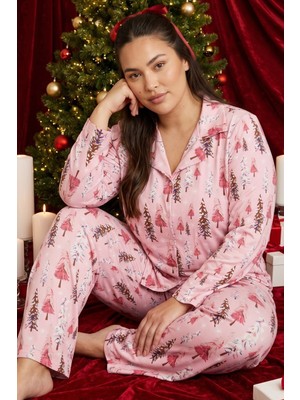 Siyah İnci Yılbaşı Temalı Desenli Termal Kumaşlı Ultra Soft Yumuşak Büyük Beden Battal Boy Düğmeli Örme Pijama Takımı 26226506