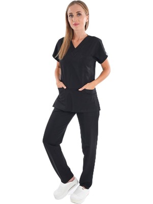 Brf Store Canarino Unisex Elit Likra Siyah Hemşire ve Doktor Üniforma Takımı Scrubs