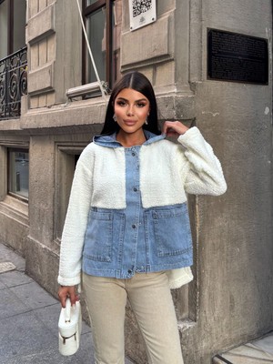 Esra Butik Kadın %100 Pamuk Kapüşonlu Çıtçıtlı Denim Detaylı Peluş Ceket – Oversize Günlük Mont