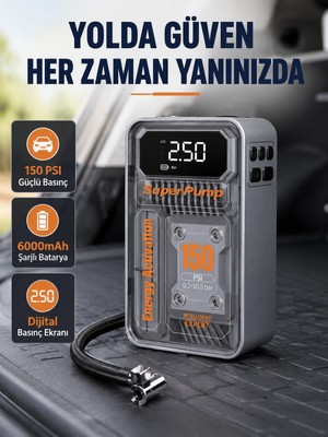 Mestore Şarjlı Kablosuz Hava Pompası – 150 Psı Basınç, LED Ekran ve 6000MAH Batarya