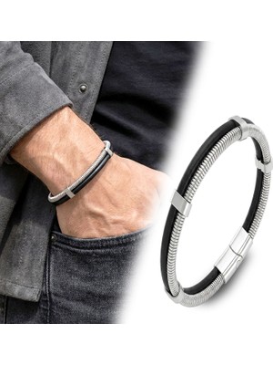Mestore Spiral Çelik Zincir ve Deri Bileklik 3168BLK1001