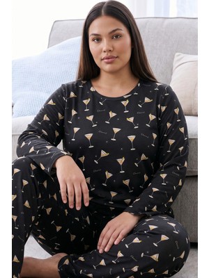 Siyah İnci Desenli Termal Kumaşlı Ultra Soft Yumuşak Büyük Beden Battal Boy Örme Pijama Takımı 26226710