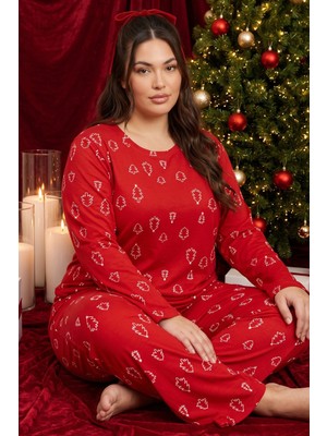 Siyah İnci Yılbaşı Temalı Desenli Termal Kumaşlı Ultra Soft Yumuşak Büyük Beden Battal Boy Örme Pijama Takımı 26226716