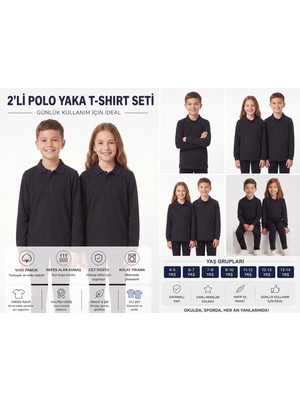 Secret Touch 2'li Paket Kız Erkek Çocuk %100 Pamuk Lakos Uzun Kollu Polo Yaka Okul Tişörtü