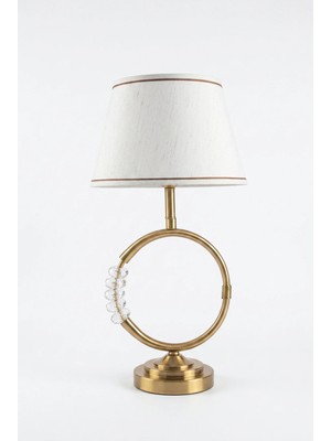 Luminzo Quart Gold Luxury Series Beyaz Başlık Yuvarlak Taş Detaylı Tasarım Metal Abajur Premium Tasarım Masa Lambası Aydınlatma
