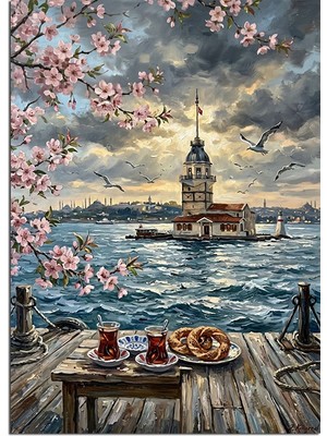 Artmeg Kız Kulesi ve Çaylı Boğaz Manzarası Dekoratif Kanvas - Mdf Ahşap Tablo