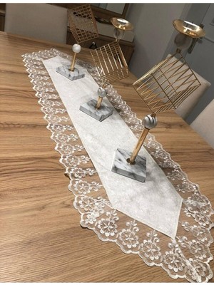 Kadife Dantel Detaylı Krem Runner (140X40CM)