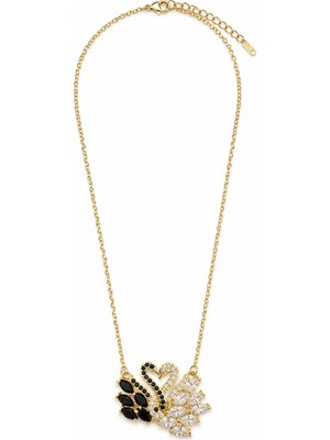 Stelle Jewelry Kadın Gold Renk Çift Kuğu Kolye – Siyah ve Beyaz Zirkon Taşlı Kalp Tasarım 45 cm