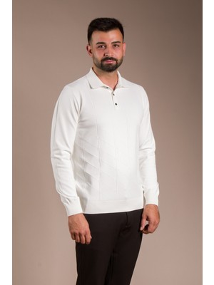 Zeki Özer Erkek Beyaz Desenli Polo Yaka Triko