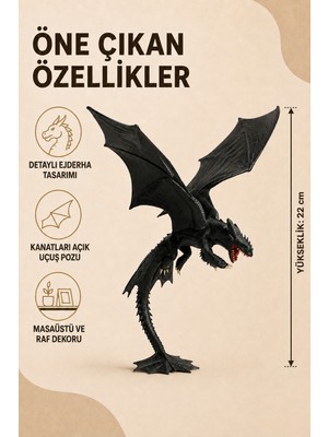 Eb Studio Siyah Kanatlı Uçan Ejderha Figürü 22 cm Fantastik Masaüstü Dekoratif Biblo
