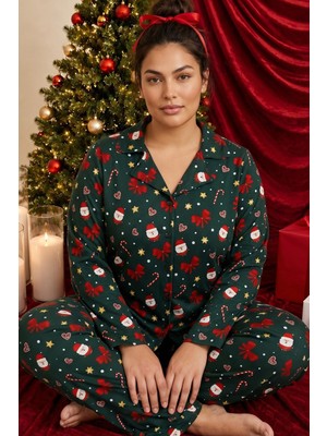 Siyah İnci Yılbaşı Temalı Desenli Termal Kumaşlı Ultra Soft Yumuşak Büyük Beden Battal Boy Düğmeli Örme Pijama Takımı