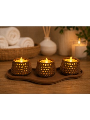 Brf Store Sidelyasell Dekoratif Mumluk Seti – Desenli Tealight ve Masaüstü Aydınlatma Objesi-Kahverengi