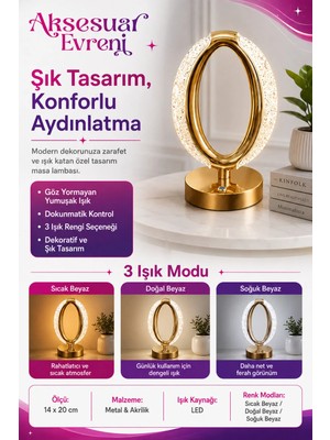Luminzo Kristal Şarjlı Dokunmatik Masa Lambası Abajur Gece Lambası 3 Işık Rengi Dim Özellikli Gold Vordem