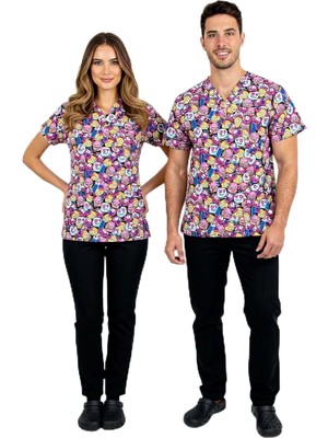 Brf Store Sidelyasell Unisex Neşeli Mod Desenli Likralı Hemşire Doktor Cerrahi Scrubs Üniforma Takım, Xs