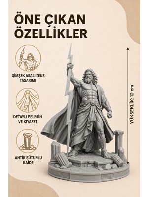 Eb Studio Gri Zeus Heykeli 12 cm Şimşek Asalı Antik Sütun Detaylı Yunan Mitolojisi Masaüstü Biblo
