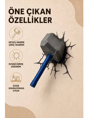 Eb Studio Çekiç Duvar Dekoru – Kırık Duvar Görünümlü Mavi Saplı Dekoratif Çekiç