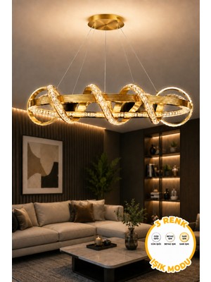 Ece Aydınlatma Milva Premium Kalın Çizgi Kasalı Gold Kaplamalı 3 Renk Ledli Sarkıt Modern LED Avize - Çap 80 cm -Kumandasız