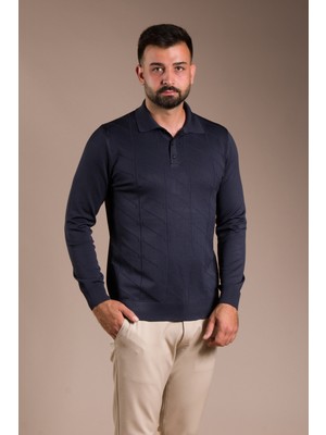 Zeki Özer Erkek Lacivert Desenli Polo Yaka Triko