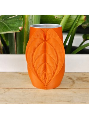 Brf Store Veltrolab Yaprak Desenli Kap – 3D Baskı Kalp Yaprağı Süslemeli Dekoratif Kap-Turuncu