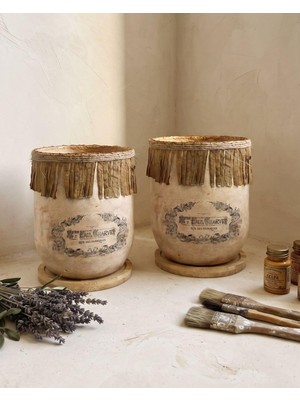 Çiçeva 2'li Retro (Bohem) Saksı Seti - Tabak - Drenajlı - 12X10 cm