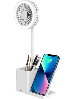TeknoKapsül S-Link SL-M9055 10 Watt Kablosuz Şarj Istasyonlu Fanlı Kalemlikli Masa Lambası (Beyaz)
