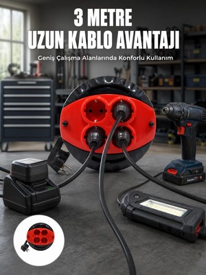 TeknoKapsül 3 Metre Kablolu 4’lü Kırmızı Priz Makara