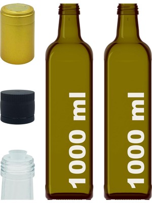 Özkaya Store 1000 ml Yeşil Maraska Yağdanlık Kapaklı ve Kapüşonlu 1000 cc Köşeli Cam Şişe 2 Adet