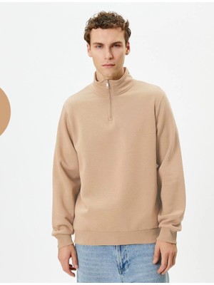 Tarz Yeri Erkek 3 Iplik Pamuklu Uzun Kol Yarım Farmuarlı Yakalı Sweatshirt - Bej