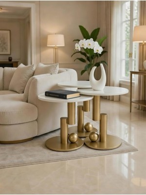 OEM Üçlü Zigon Sehpa Seti, Champagne Gold Metal Ayaklı, Beyaz Yuvarlak Üst, 52-56-60 cm Yükseklik, 50 cm Çap