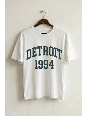 La Bjorn Oversize Unisex Beyaz Detroit 1994 Kolej Baskılı Vintage Tişört
