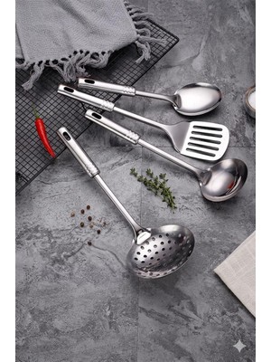 OEM 4 Parça Çelik Mutfak Servis Seti, Kepçe Kevgir Spatula Kaşık Takımı Çeyiz Seti, Mutfak Sofra Seti Ergonomik Saplı