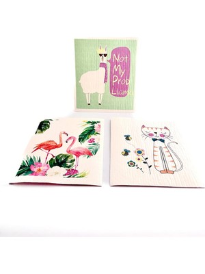 OEM Swedish Dishcloth Isveç Bezi Flamingo-Lama-Kedi Desenleri 3'lü Paket, Sürdürülebilir, Tekrar Kullanılabilir, Tüm Yüzeylere Uygulanabilir, Makinede Yıkanabilir