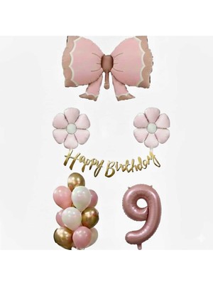 OEM Pembe Fiyonk Papatya Folyo Balonlu Doğum Günü Yaş Balon Seti, 9 Yaş