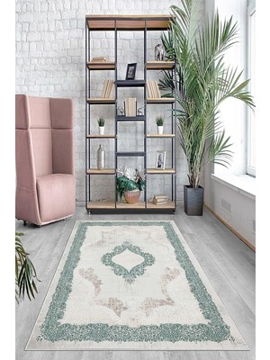 Özkaya Store Pelangi Yeşil Çerçeve Osmanlı Motifler Yıkanabilir Kaymaz Taban Leke Tutmaz Modern Salon Halısı ve Yolluk, Yeşil 80 x 200