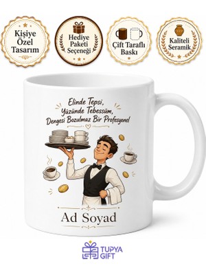 Tupya Gift Garsona Hediye Tepsi Taşıyan Denge Ustası Bahşiş Bekleyen Müşteri Dostu Kupa Bardak