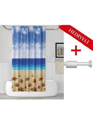 Ayrex Tropik Home Mavi Kahve Banyo Perdesi Askı Hediyeli 180X200CM Tek Kanat Duş Perdesi, Deniz Ku