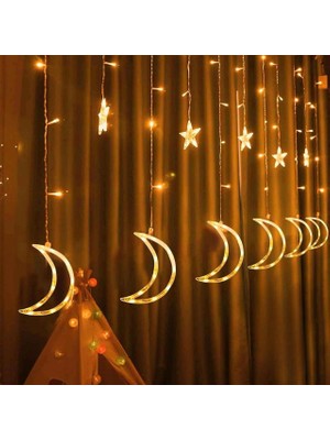 OEM Ay Yıldız Figürlü Perde LED Işık, 3.5 Metre 12 Sarkıtlı Dekoratif Aydınlatma, 8 Fonksiyonlu ve Eklenebilir Fişli, 3200K Günışığı (Sarı) Ramazan ve Ev Dekoru