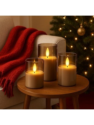 Özkaya Store Alev Efektli 3’lü Cam Gövdeli LED Mumlar 3200K Sıcak Sarı Işık, Cata Prag Gerçek Alev Efektli Dekoratif Mum Seti Mum Işığı Görseli Şık Atmosfer Aydınlatması (3×3 Aaa – Pil Dahil Değil)