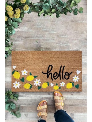 OEM Karmat Limon Temalı Paspas, Hello Yazılı Paspas, Kapı Önü Paspası Sarı-45 x 70