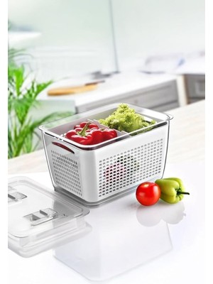 OEM Beyaz 2'li 2,5 Litre Süzgeçli Bölmeli Organizer Buzdolabı Hava Geçirmez Saklama Kabı