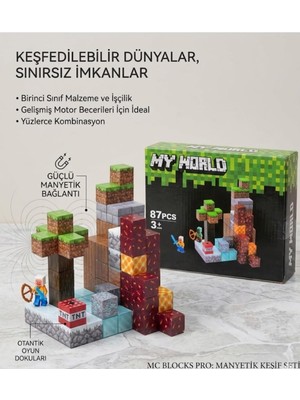 Özkaya Store Manyetik Yapı Blokları, 87 Parça, Minecraft Uyumlu, 3+ Yaş, Çok Renkli