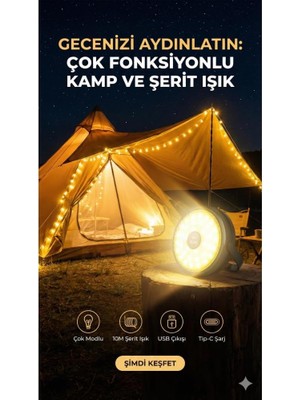 Özkaya Store Şarjlı 10 Metre Ledli Şarj Göstergeli 7 Işık Modlu Hareketli ve Flaşör Modlu Kamp Lambası LED Işık