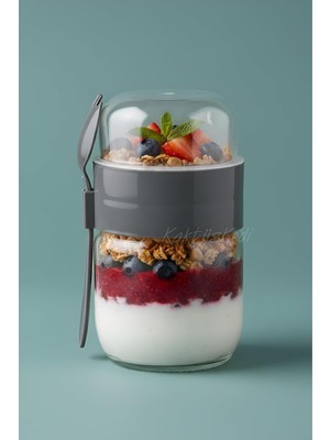 Özkaya Store Kaşıklı Çatallı Cam Öğün Bardağı - Yemek Taşıma ve Saklama Kabı - Müsli Kabı 625 ml Antrasit, 7480000717855